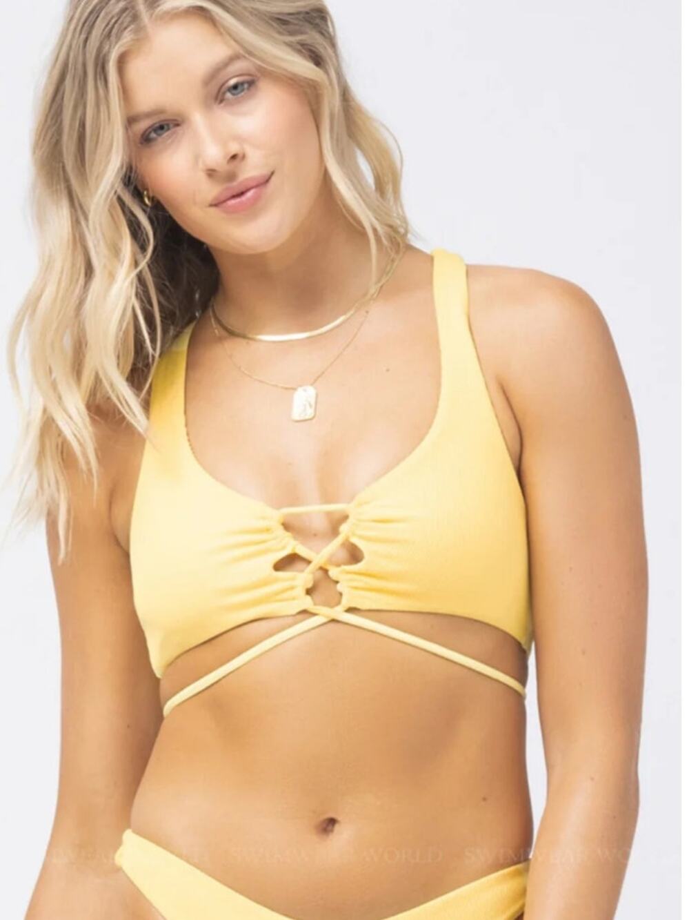 L*Space Dax Bikini Top in Yellow Ribbed Size Small Lace Up NWT